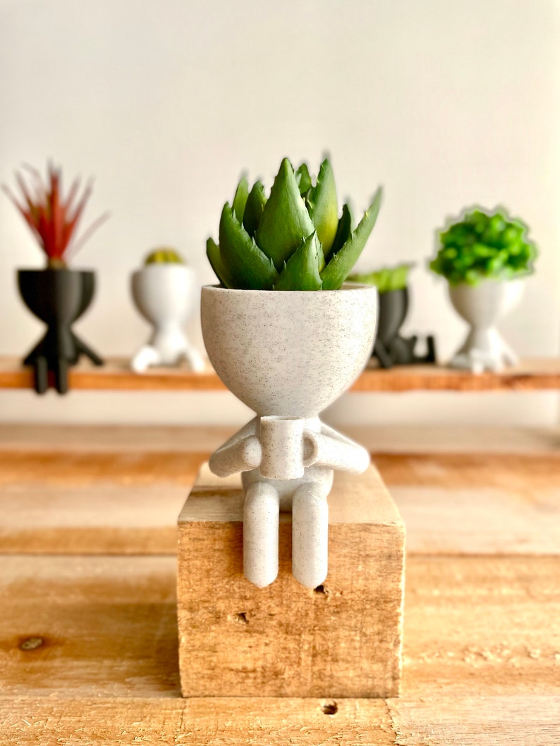 Little People Plant Pots Available in 6 Poses, Cute Planter with Drainage, Succulent Planter, Boho Decor, Window Plant Shelf, Robert Planter Coffee Time