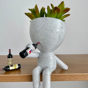 Wine Lovers Gift Idea, Wine Bar Decor, People Planter Wine Bottle, Boho Decor, Shelf Decor, Succulent Planter, Cute Planter Wine O'clock image 4