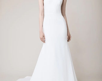 Hadley Bridal Wedding Dress Crepe Halter Gown Draped Back Detachable Organza Peony Custom Handwork – B56
