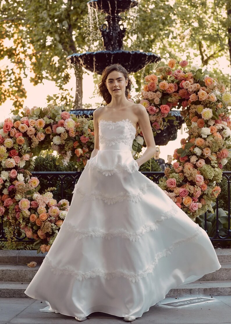Gramercy Wedding Dress Strapless Magnolia Full Gown Lace Trim Applique Custom Handwork B55 image 3