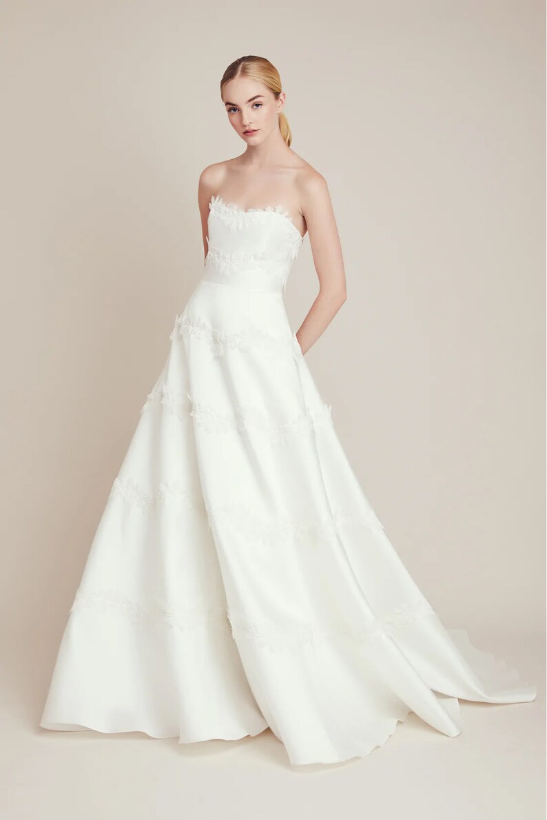 Gramercy Wedding Dress Strapless Magnolia Full Gown Lace Trim Applique Custom Handwork B55 image 1