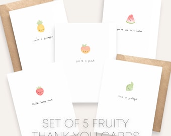5 Pack Thank You Cards -  Fruit Thank You Cards, Strawberry Card, Peach Card, Lime Card, Watermelon Card, Pineapple Card, Set of 5