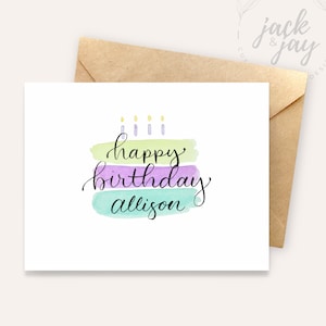 d'anniversaire personnalisée - Carte de joyeux anniversaire personnalisée | Gâteau d'anniversaire | Nom écrit à la main | Nom écrit à la main | Aquarelle | A2