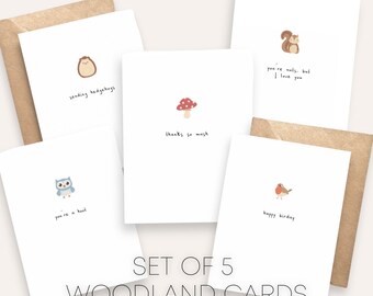 Set of 5 Woodland Cards -  Animal Lover Cards | Card for Nature Lover | Bird Card | Owl Card | Mushroom Card | Squirrel Card | Hedgehog Card