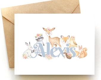 Personalized Card for Baby - Custom Name | Woodland Animals | Deer | Fox | Owl | New Baby  | Personalised Shower Gift | Baby Girl | Baby Boy