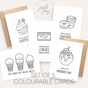 Lot de 5 cartes à colorier - carte de remerciement, carte d'anniversaire, carte de l'amitié, kawaii, bonbons, lot de 5 cartes DIY