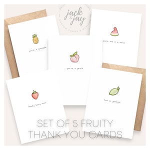 Lot de 5 cartes de remerciement - Fun Punny Fruit, fraise, pêche, citron vert, pastèque, ananas, lot de 5