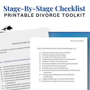 Op de afbeelding: Een afdrukbare echtscheidings toolkit met een stapsgewijze checklist. De titel bevat "Divorce Organization Planner" en "Printable Divorce Toolkit". De checklist bevat stappen voor contemplatie, voorbereiding en initiële onderhandelingen.