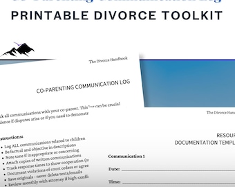 May include: A printable divorce toolkit with the text "Divorce Organization Planner" and "Co-Parenting Communication Log." The document includes sections for logging communications, instructions, and red flags to note. The design is primarily white and blue.