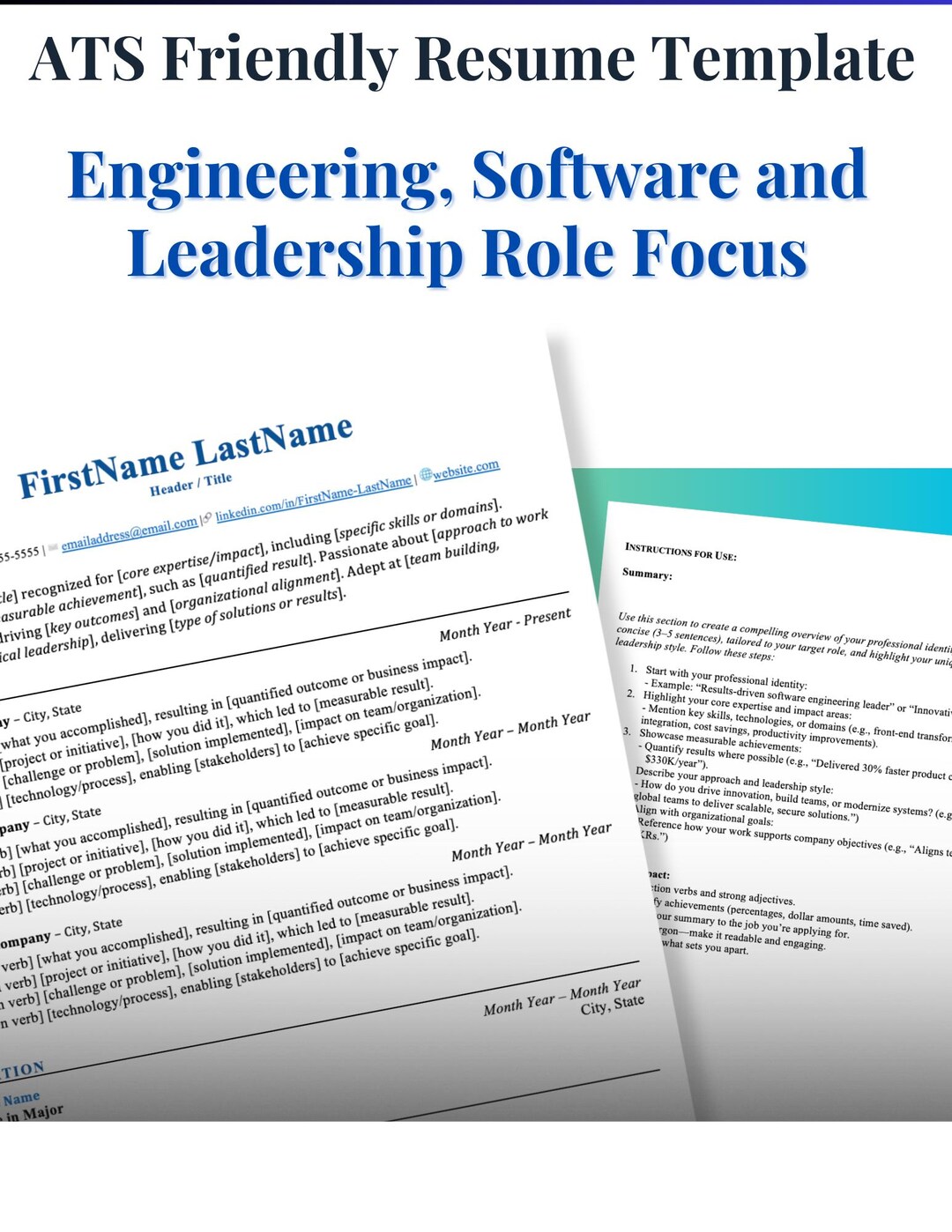 ATS Resume Template for Tech & Leadership Roles | Word + Google Docs ...