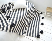 Moroccan Pom Pom Cotton Blanket (Cat in the Hat ) Luxe Berber Cotton Blanket Moroccan Blanket Striped Blanket Black and Ecru