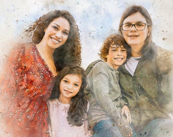 May include: A watercolour painting of a family of four. Two adults and two children are smiling and looking at the camera. The adults are wearing casual clothing, and the children are wearing colourful shirts. The background is a soft blue and white watercolour wash.