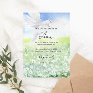 May include: A white dove with outstretched wings flies over a green field with white flowers. The text "IN REMEMBERANCE OF Ana" is at the top of the card. The text "We invite you to share in the celebration of her life" is below the dove. The text "Saturday, MAY 28th, 2022" is below the invitation. The text "123 Anywhere St. Any City, ST 12345" is below the date. The text "Regrets only" is below the address. The text "PHONE 000-000-0000" is below the regrets only text.