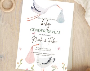Gender Reveal Invitation, Stork Baby Shower Invitation, Stork Gender Reveal Invitation, Floral Stork Invitation, Printable Invitation