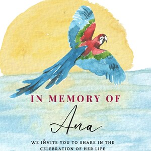 Celebration of Life, Funeral Invitation, Customizable Funeral Card, Funeral Announcement, Sunset, Parrot, Ocean, Watercolor, Printable