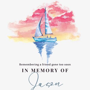 Feier des Lebens, Trauerkarte, Personalisierbare Trauerkarte, Traueranzeige, Segelboot, Aquarell Ozean, druckbare PDF
