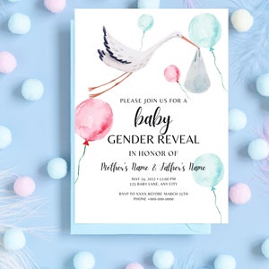 Gender Reveal Invitation, Stork Baby Shower Invitation, Stork Gender Reveal Invitation, Digital Download, Custom Gender Reveal Invitation
