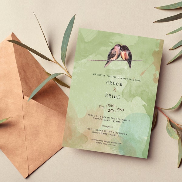 Lovebirds Wedding Invitation, Bird Wedding Invitation, Nature Wedding, Imprimable, Invitation de mariage personnalisée, PDF Télécharger