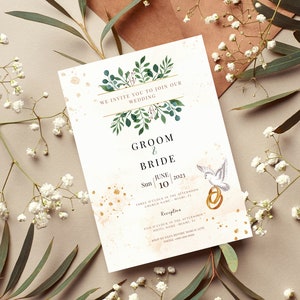 Engagement Party Invitation Watercolor, Elegant Engagement Party Invite, Printable PDF, Custom Invite, Greenery, Birds, Customizable