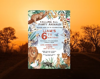 Può includere: Un invito colorato per una festa di compleanno di 6 anni a tema giungla. L'invito presenta una varietà di animali, tra cui un leone, una giraffa, una zebra e una scimmia. Il testo sull'invito recita "Calling all party animals" e "Liam's 6th Birthday".