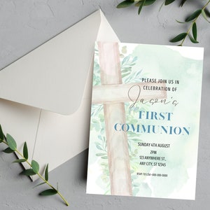 Greenery Watercolor First Communion Invitation, Customizable, Digital Download, Printable First Holy Communion Invitation, Boy, Girl, PDF