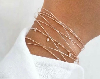 Conjunto de pulsera de oro minimalista de 9 piezas, conjunto de pulsera de oro delicado, conjunto de pulsera bonito, conjunto de pulsera de oro simple, conjunto de pulsera de oro delicado