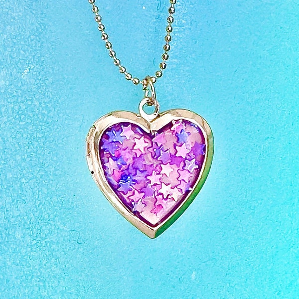 Purple and Gold Heart Shaped Star Locket, Purple Heart Locket, Purple Stars Locket, Heart Shaped Locket For Little Girl, Little Girl Locket