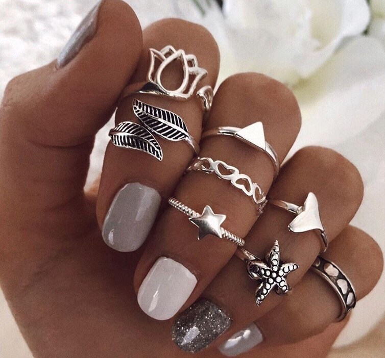 8 Piece Whimsical Silver Ring Set