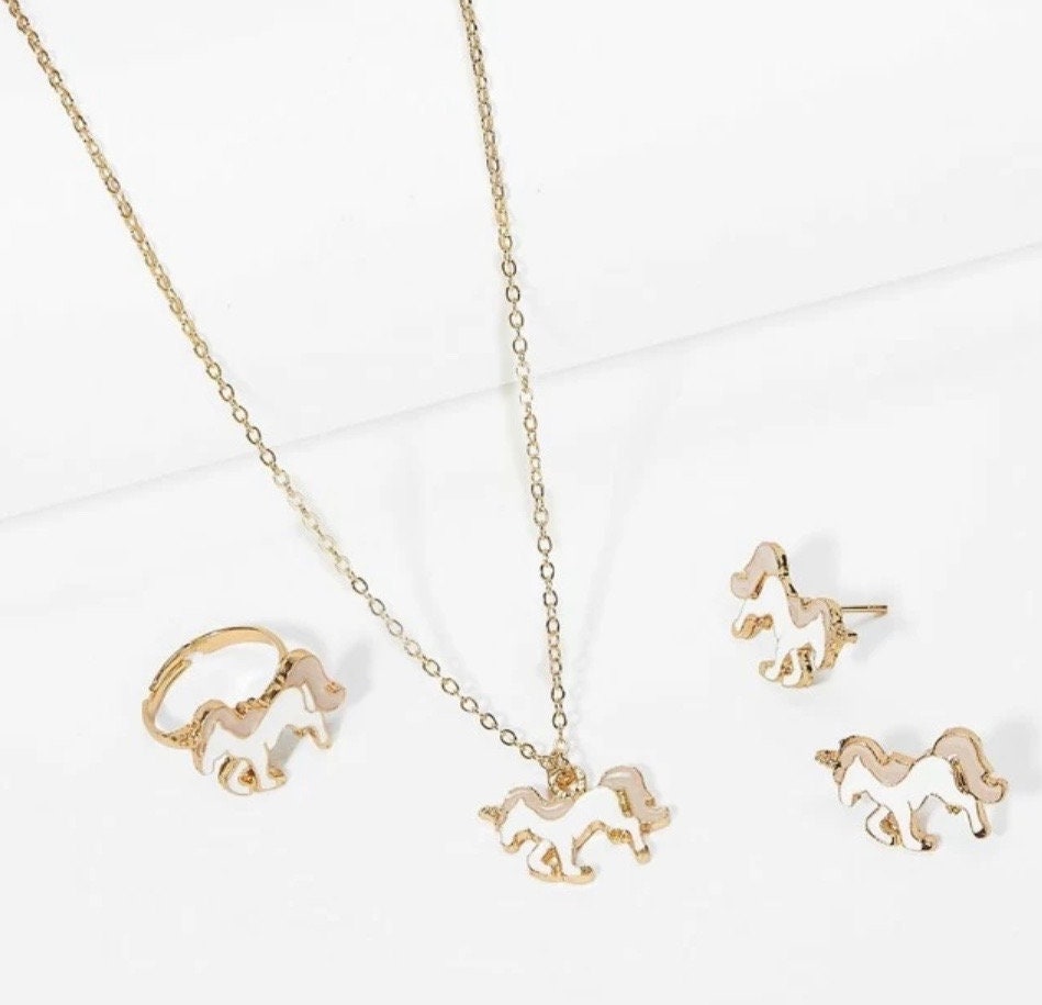 Unicorn Jewelry Set Unicorn Necklace Unicorn Earrings Etsy