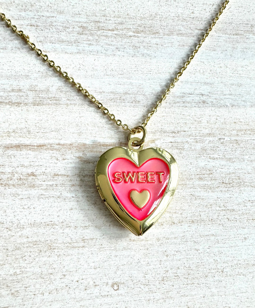 Gold & Rose Red Heart Shaped Locket Necklace, Rose Red Heart Shape