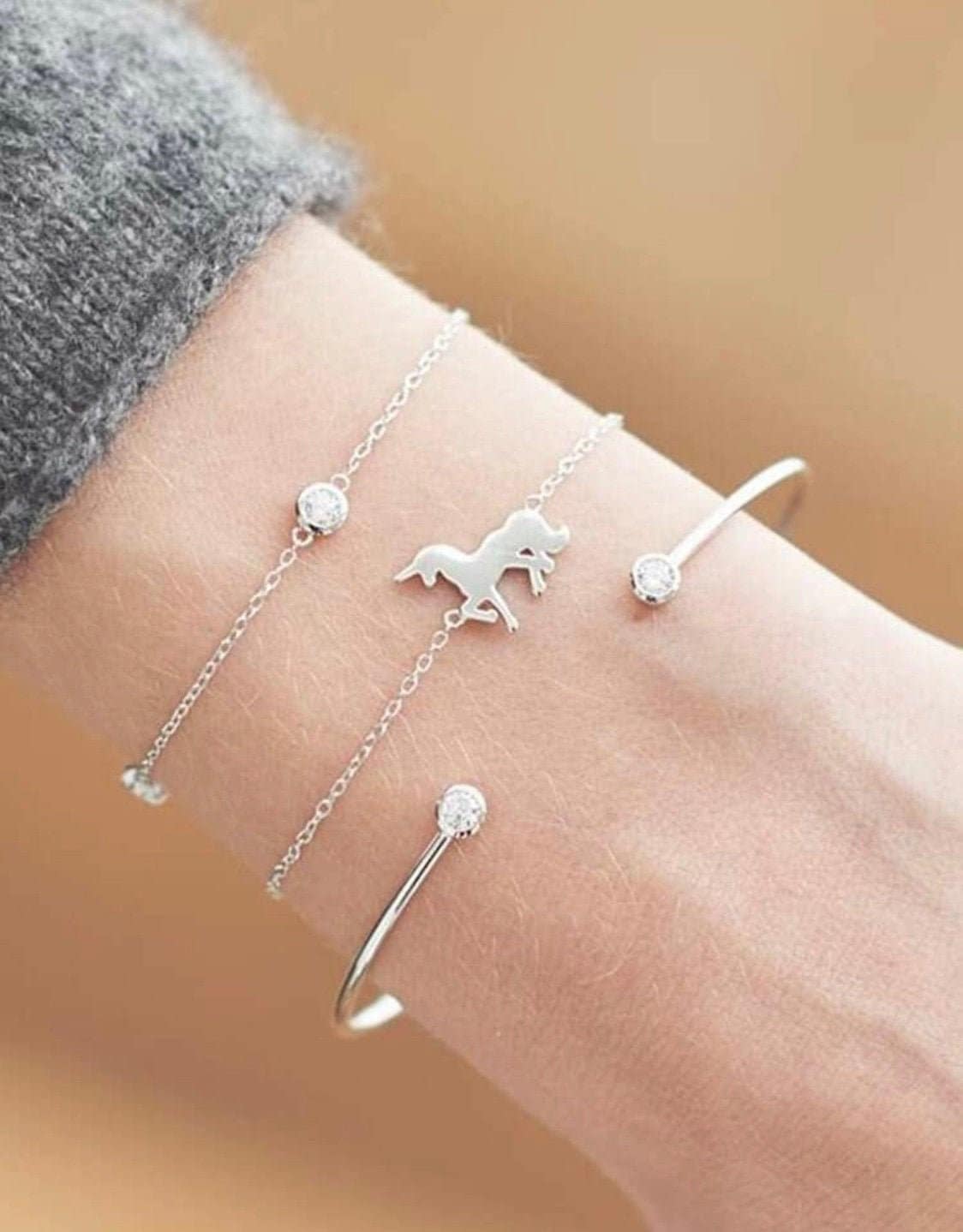 3 Piece Silver Unicorn Bracelet Set