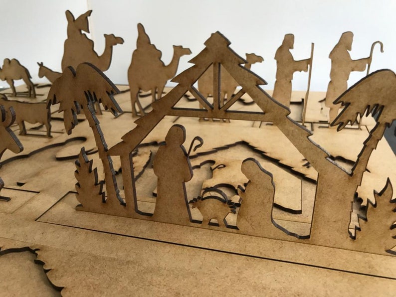 Nativity Scene with bases to make them stand on their own cut from 3mm wood decorate as you want them Bonus hanging angeles included