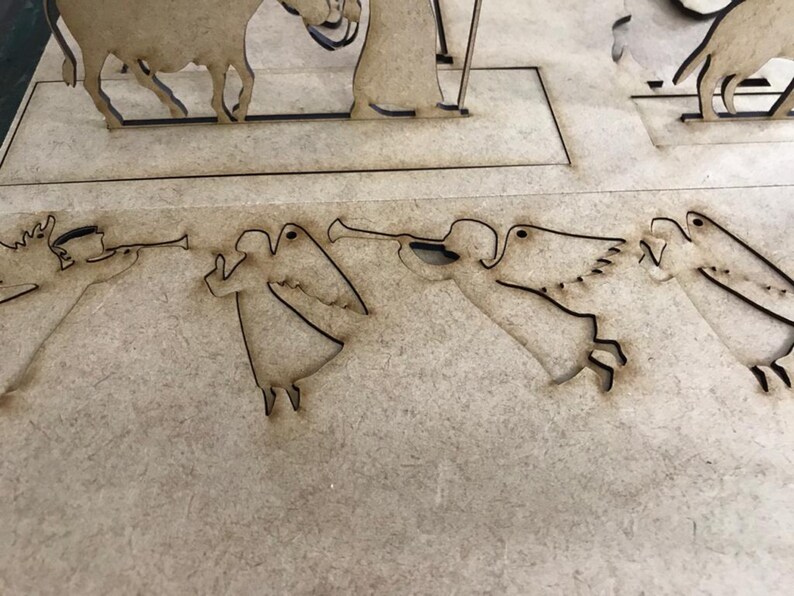 Nativity Scene with bases to make them stand on their own cut from 3mm wood decorate as you want them Bonus hanging angeles included