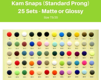 25 Sets Glossy KAM Plastic Snap Fasteners - T5 (Size 20) / Standard Prong - Choose Your Colour B01 - B60