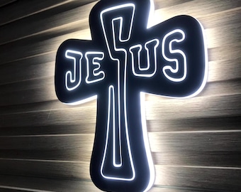 Illuminated Cross Sign With Jesus Could Custom Name On It,LED Backlit Wall Decoration Sign, Personalized Matel Sign, Neon Modern Jesus Cross