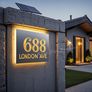 Custom Solar LED House Number Sign - Personalized Glowing Metal Address Plaque, Weatherproof Outdoor Sign for Modern Home Night Visibility