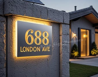 Könnte beinhalten: Ein modernes Hausnummernschild mit weißem Hintergrund und schwarzen Zahlen. Das Schild ist mit warmweißen LED-Leuchten beleuchtet und trägt die Aufschrift "688 LONDON AVE".