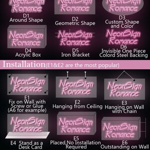 May include: Diagram showing different backing and installation options for a neon sign. The options include around shape, geometric shape, custom shape, acrylic box, iron bracket, invisible one piece colored steel backing, fix on wall with screw or glue, hanging from ceiling, hanging on wall with chain, stand as a desk card, placed, no installation required, and outstanding on wall. The backing materials include acrylic and PVC.