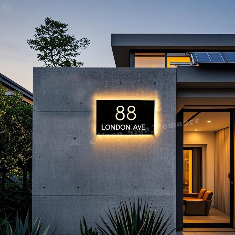 Custom Solar LED House Number Sign - Personalized Glowing Metal Address ...