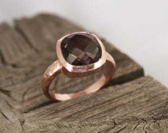 Smoky Quartz Rose Gold Ring: Dainty Gemstone, Textured Band