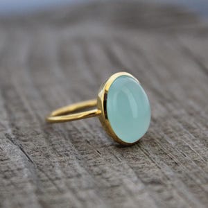 Handmade Aqua Chalcedony Ring: Polished Gold Bezel Statement Ring, sterling silver