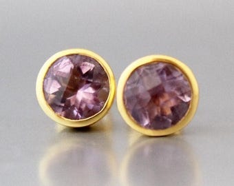 Handmade Amethyst Stud Earrings: Gold Polish, February Birthstone