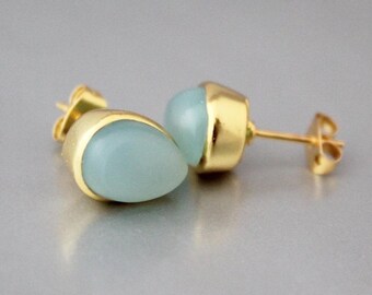Aqua Chalcedony Stud Earrings: Gold polish, March Birthstone