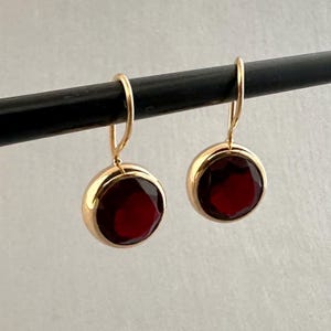Può includere: Un paio di orecchini color oro con una gemma rotonda rosso scuro incastonata in una lunetta dorata. Gli orecchini pendono da un semplice gancio d'oro. Le gemme hanno un aspetto sfaccettato.
