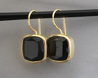 Black Onyx Gold Plated Dangle Earrings, Handmade Gemstone Jewelry