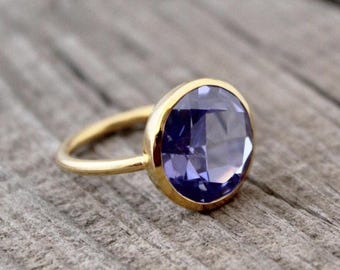 Handmade Tanzanite Quartz Statement Ring: Gold Polish, Open Bezel, Sterling Silver Ring