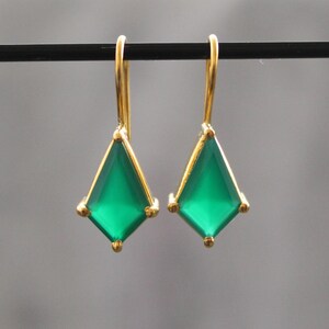Kite Cut Green Onyx Dangle Earrings: Handmade Bezel Set Gemstone