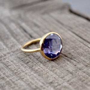 Handmade Tanzanite Quartz Statement Ring: Gold Polish, Open Bezel