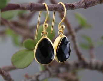 Black Onyx Earrings, Gold and Onyx Earrings, Gemstone Earrings, Black Earrings,Quartz Earrings,Teardrop Earrings, Gold Vermeil, Gift for Her