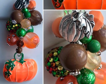 Car-Mirror Charm for Rear-View Vehicle Decor or CLIP for purse, bag, lanyard AUTUMN Beads Rhinestone Pendant Fall Pumpkin Leaves Harvest